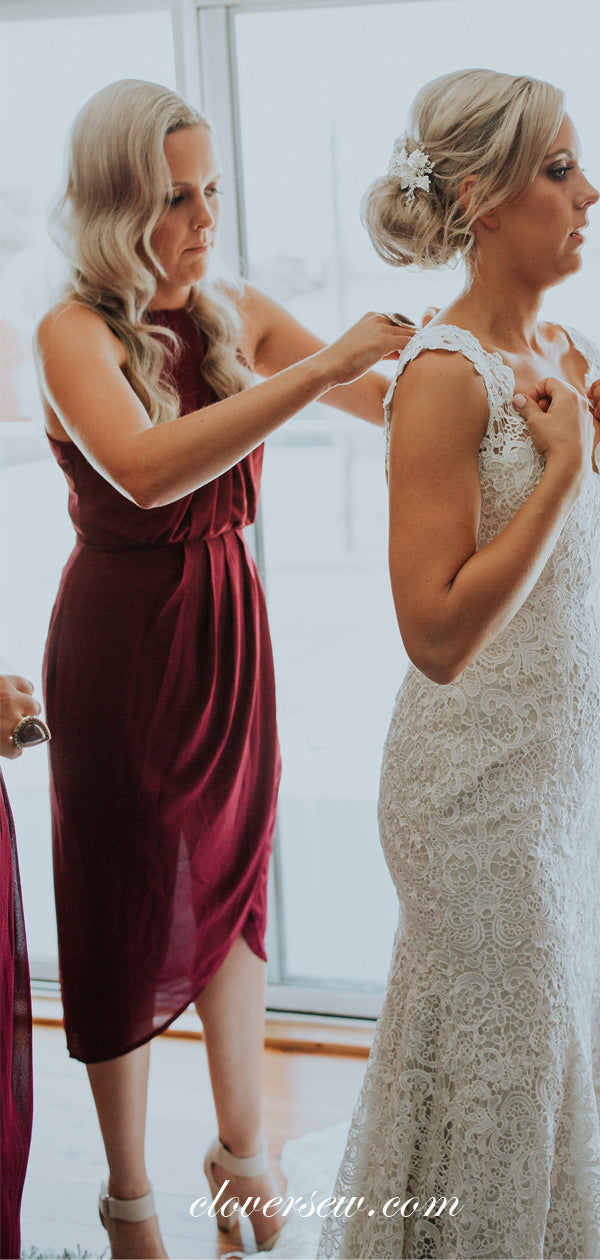 Burgundy Chiffon Sleeveless High Low Knee Length Bridesmaid Dresses, CB0033