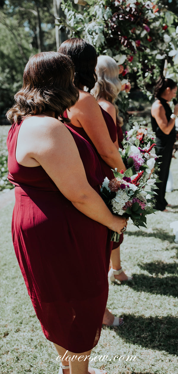 Burgundy Chiffon Sleeveless High Low Knee Length Bridesmaid Dresses, CB0033