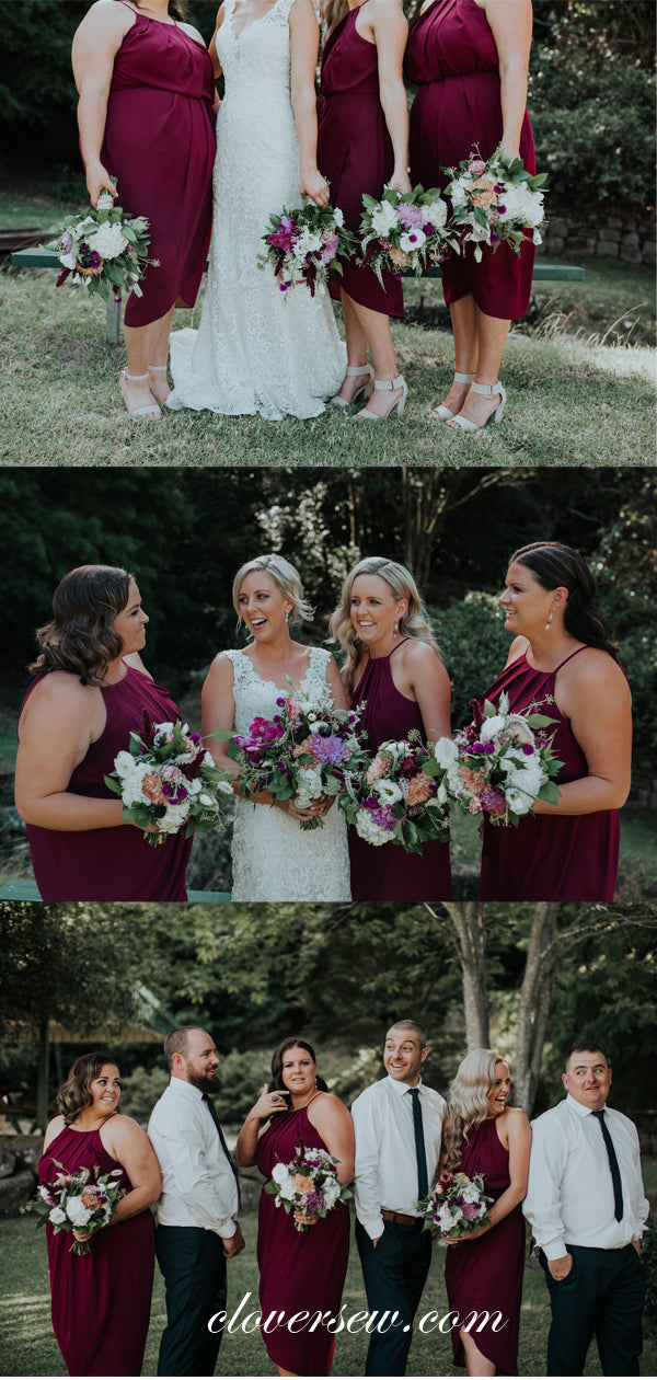 Burgundy Chiffon Sleeveless High Low Knee Length Bridesmaid Dresses, CB0033