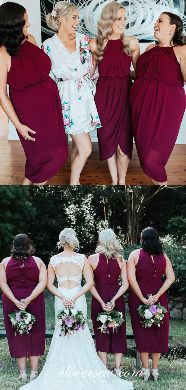 Burgundy Chiffon Sleeveless High Low Knee Length Bridesmaid Dresses, CB0033