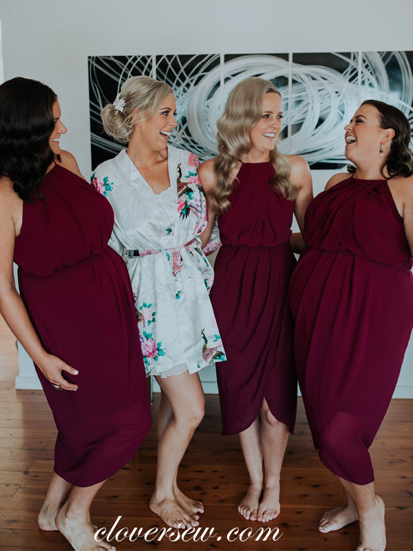 Burgundy Chiffon Sleeveless High Low Knee Length Bridesmaid Dresses, CB0033