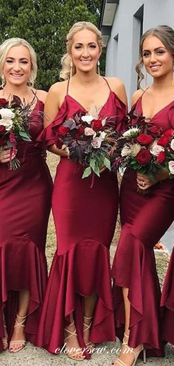 Burgundy Elastic Satin High Low Sheath Bridesmaid Dresses, CB0096