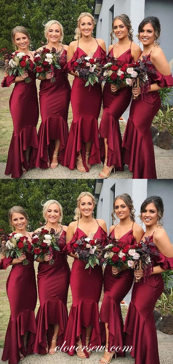 Burgundy Elastic Satin High Low Sheath Bridesmaid Dresses, CB0096