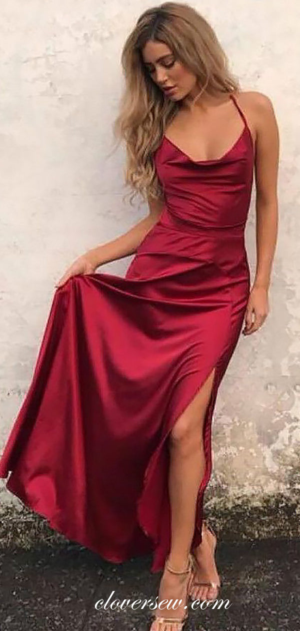 Burgundy Elastic Satin Lace Up Back Sheath Evening Party Dresses ,CP0359