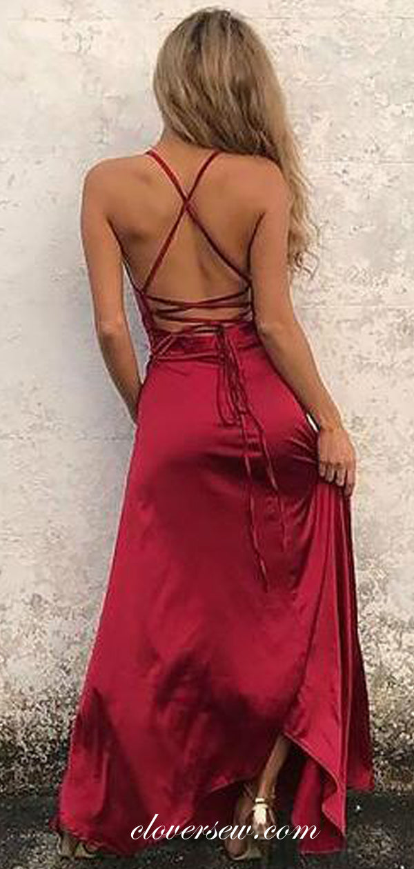Burgundy Elastic Satin Lace Up Back Sheath Evening Party Dresses ,CP0359