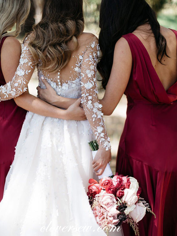 Burgundy Jersey Sleeveless Round Neck Long Bridesmaid Dresses, CB0014