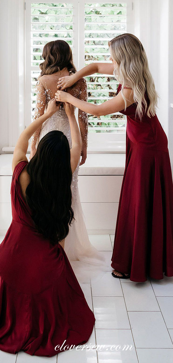 Burgundy Jersey Sleeveless Round Neck Long Bridesmaid Dresses, CB0014
