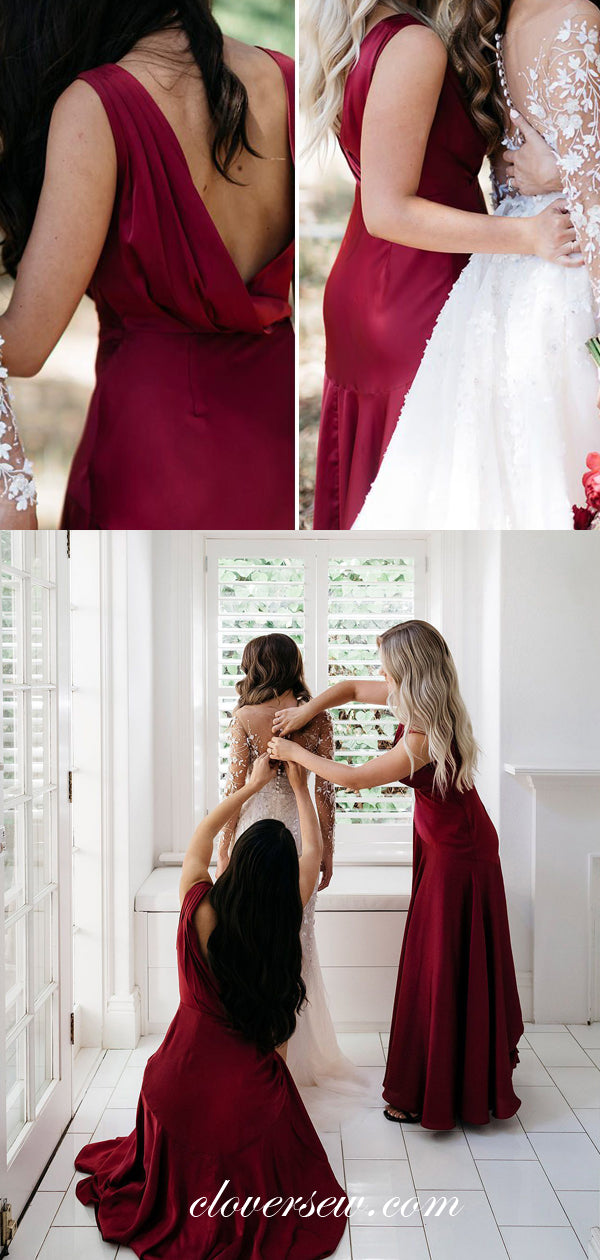 Burgundy Jersey Sleeveless Round Neck Long Bridesmaid Dresses, CB0014