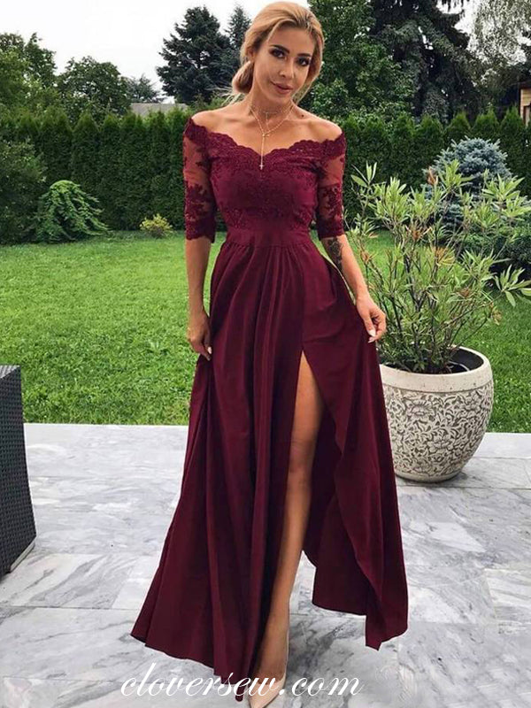 Burgundy Lace Off The Shoulder Half Sleeves Bridesmaid Dresses, CB0068