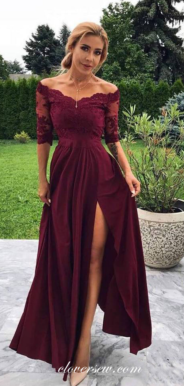 Burgundy Lace Off The Shoulder Half Sleeves Bridesmaid Dresses, CB0068