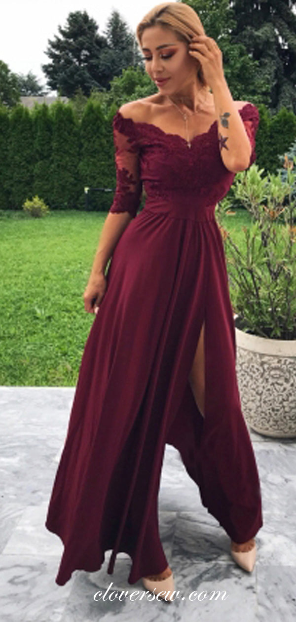 Burgundy Lace Off The Shoulder Half Sleeves Bridesmaid Dresses, CB0068