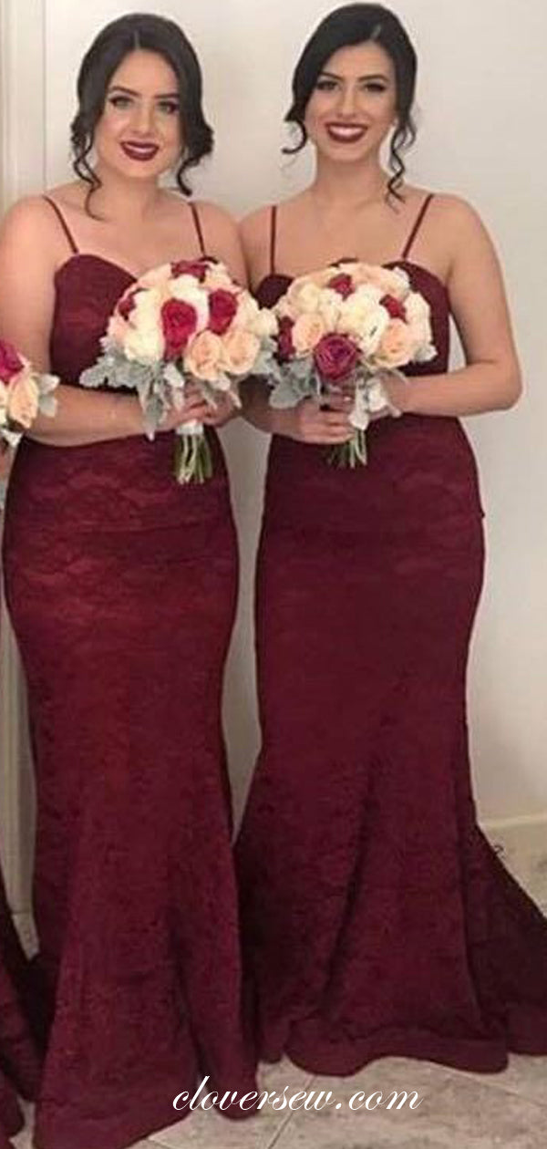 Burgundy Lace Spaghetti Strap Sheath Mermiad Bridesmaid Dresses, CB0092
