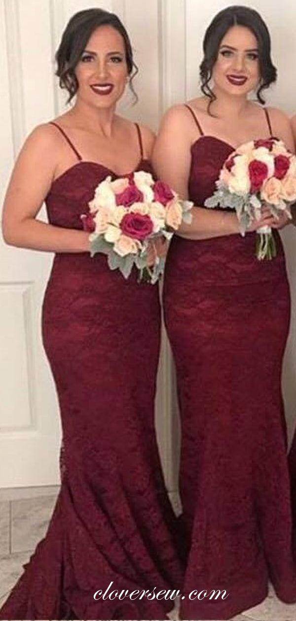 Burgundy Lace Spaghetti Strap Sheath Mermiad Bridesmaid Dresses, CB0092