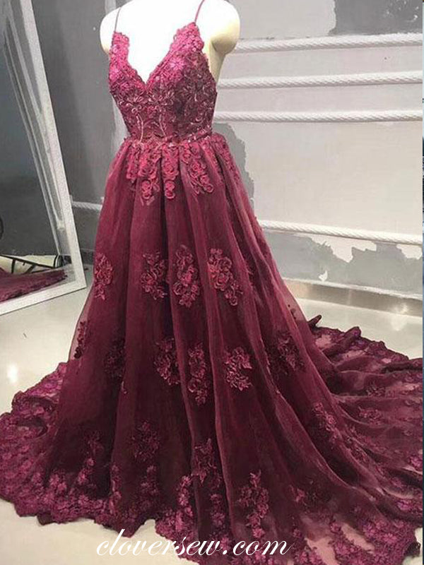 Burgundy Lace Spaghetti Strap V-neck A-line Prom Dresses,CP0363