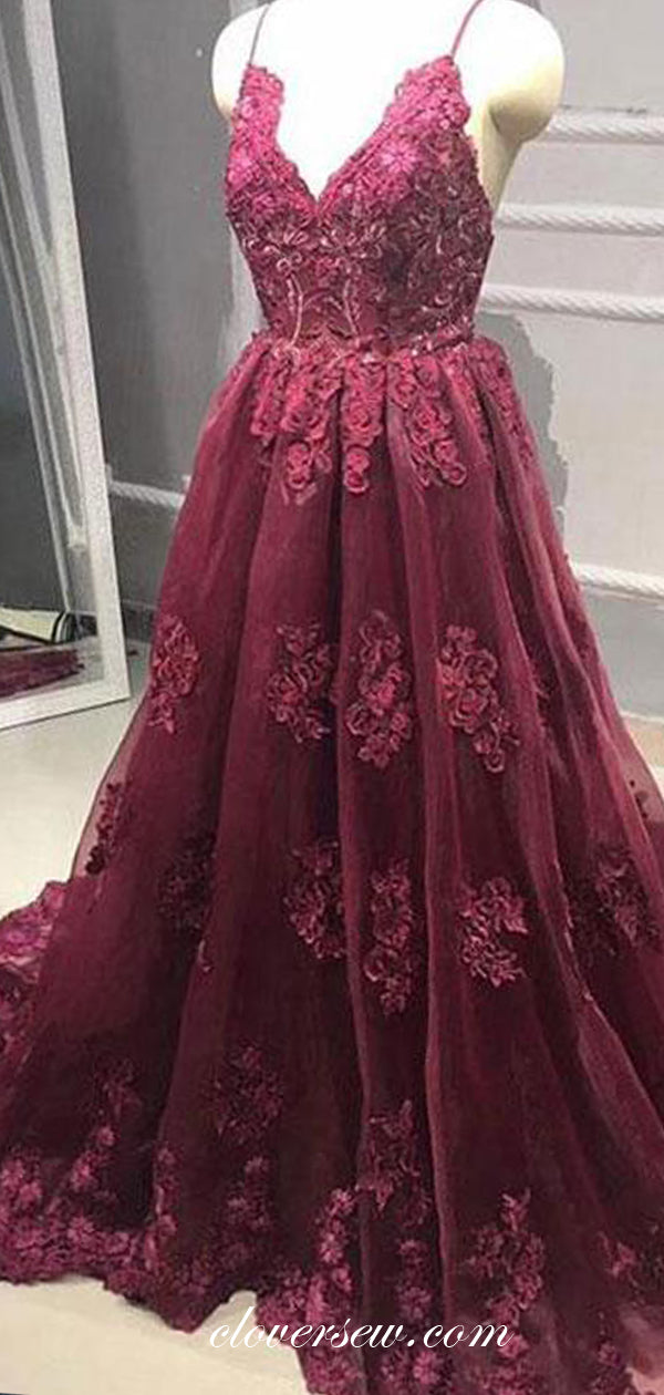 Burgundy Lace Spaghetti Strap V-neck A-line Prom Dresses,CP0363