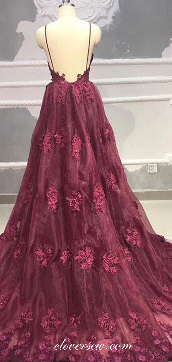 Burgundy Lace Spaghetti Strap V-neck A-line Prom Dresses,CP0363