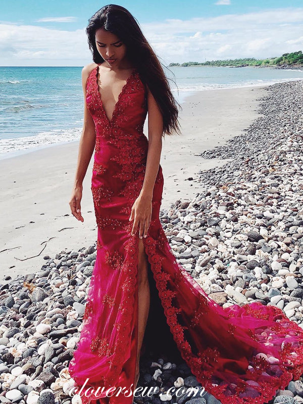 Burgundy Lace V-neck Sleeveless Side Slit Sheath Prom Dresses,CP0237