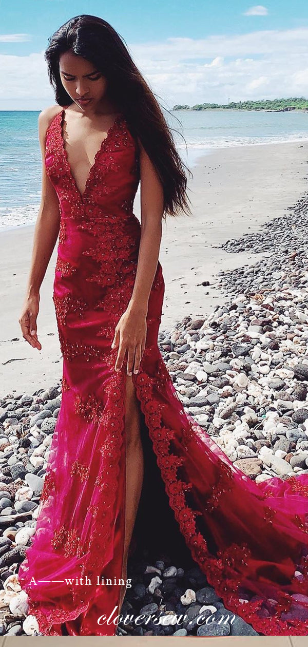 Burgundy Lace V-neck Sleeveless Side Slit Sheath Prom Dresses,CP0237