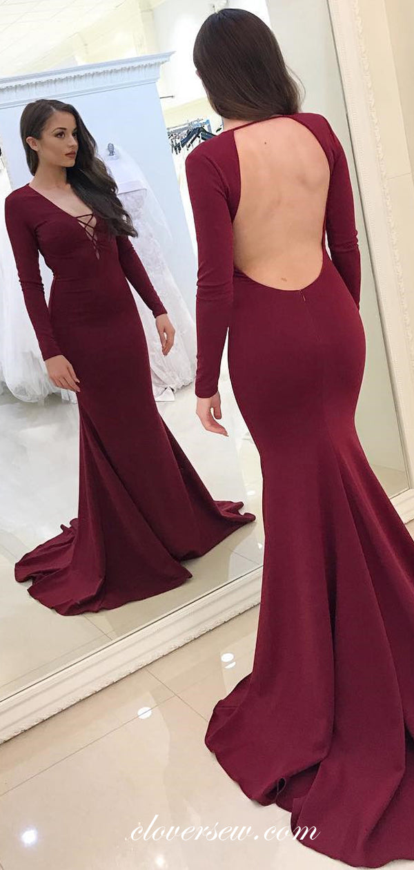 Burgundy Long Sleeves Mermaid Open Back Prom Dresses, CP0112 clover sew Burgundy Long Sleeves Mermaid Open Back Prom Dresses, CP0112 clover sew
