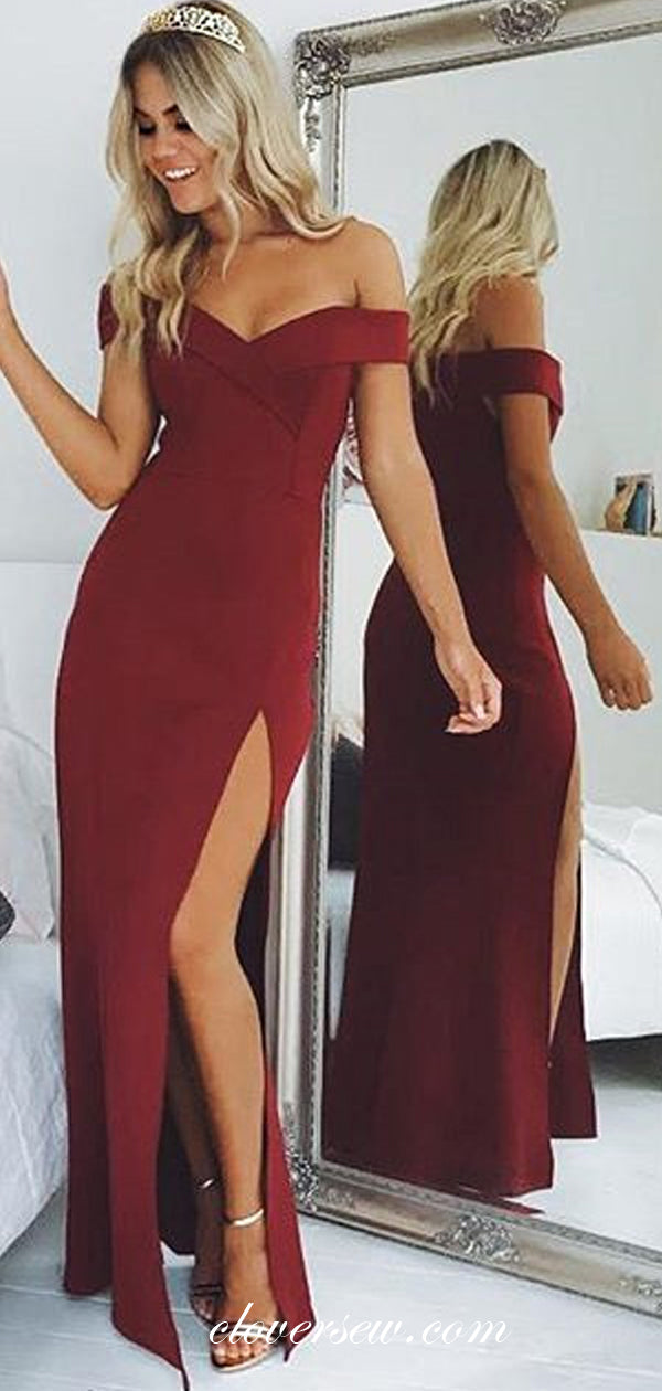 Burgundy Off The Shoulder Sheath Side Slit Evening Dresses, CP0057