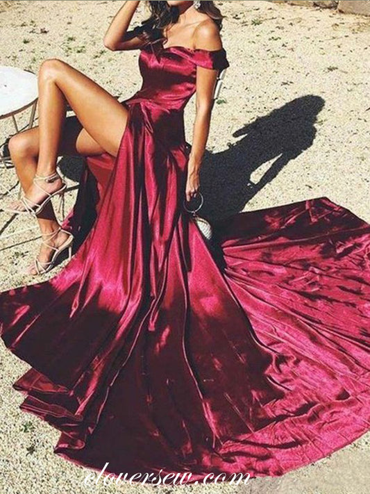 Burgundy Satin Off The Shoulder Side Slit Sheath Prom Dresses,CP0356