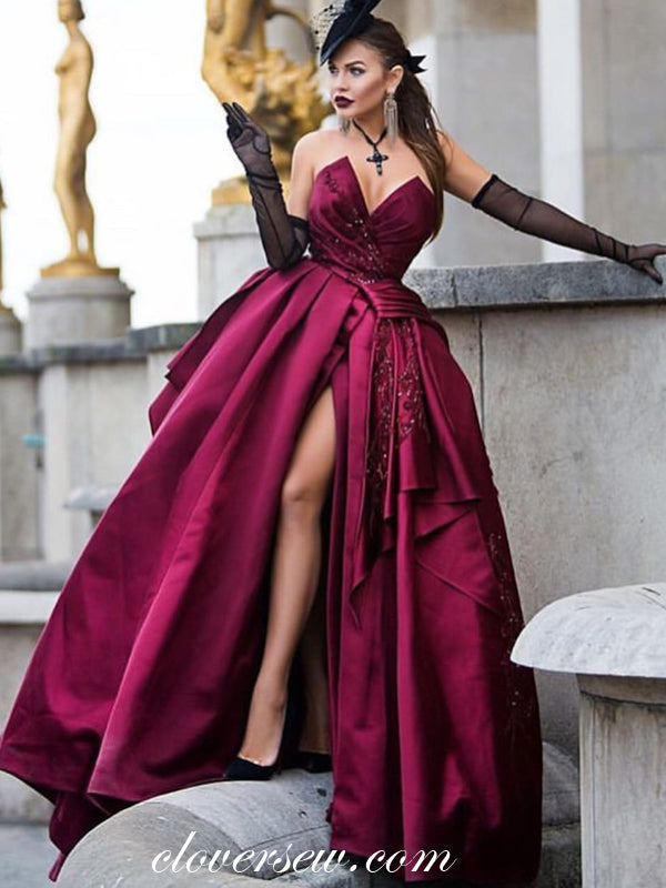 Burgundy Satin Strapless Bead Applique Ball Gown Prom Dresses, CP0125