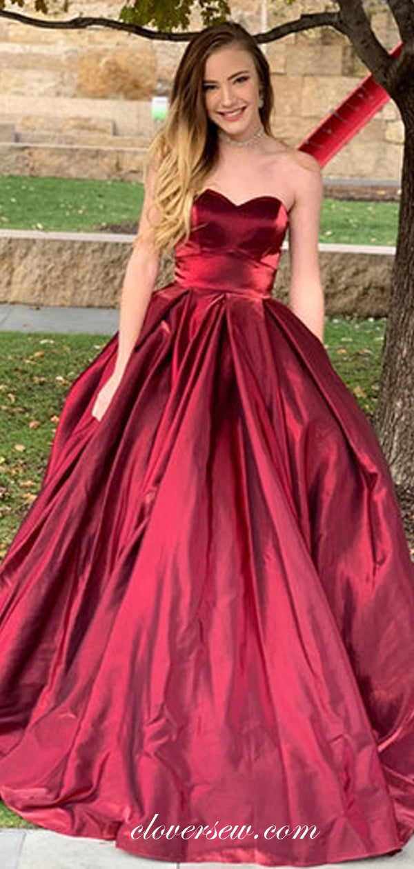 Burgundy Satin Sweetheart Strapless Ball Gown Prom Dresses,CP0130