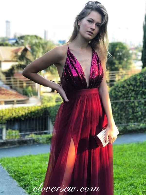 Burgundy Sequin Tulle Spaghetti Strap Backless A-line Prom Dresses,CP0254