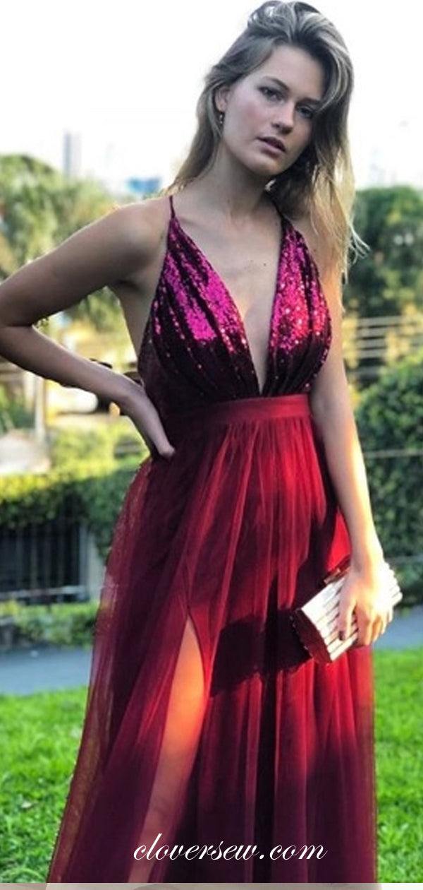 Burgundy Sequin Tulle Spaghetti Strap Backless A-line Prom Dresses,CP0254