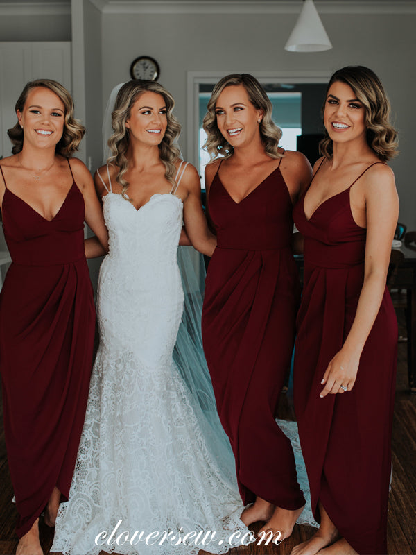 Burgundy Spaghetti Strap V-neck Sheath Long Bridesmaid Dresses, CB0041