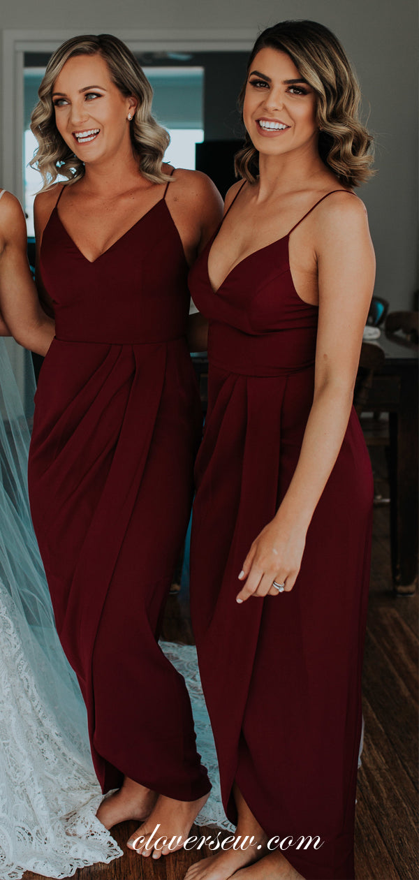 Burgundy Spaghetti Strap V-neck Sheath Long Bridesmaid Dresses, CB0041