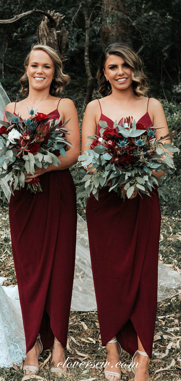 Burgundy Spaghetti Strap V-neck Sheath Long Bridesmaid Dresses, CB0041