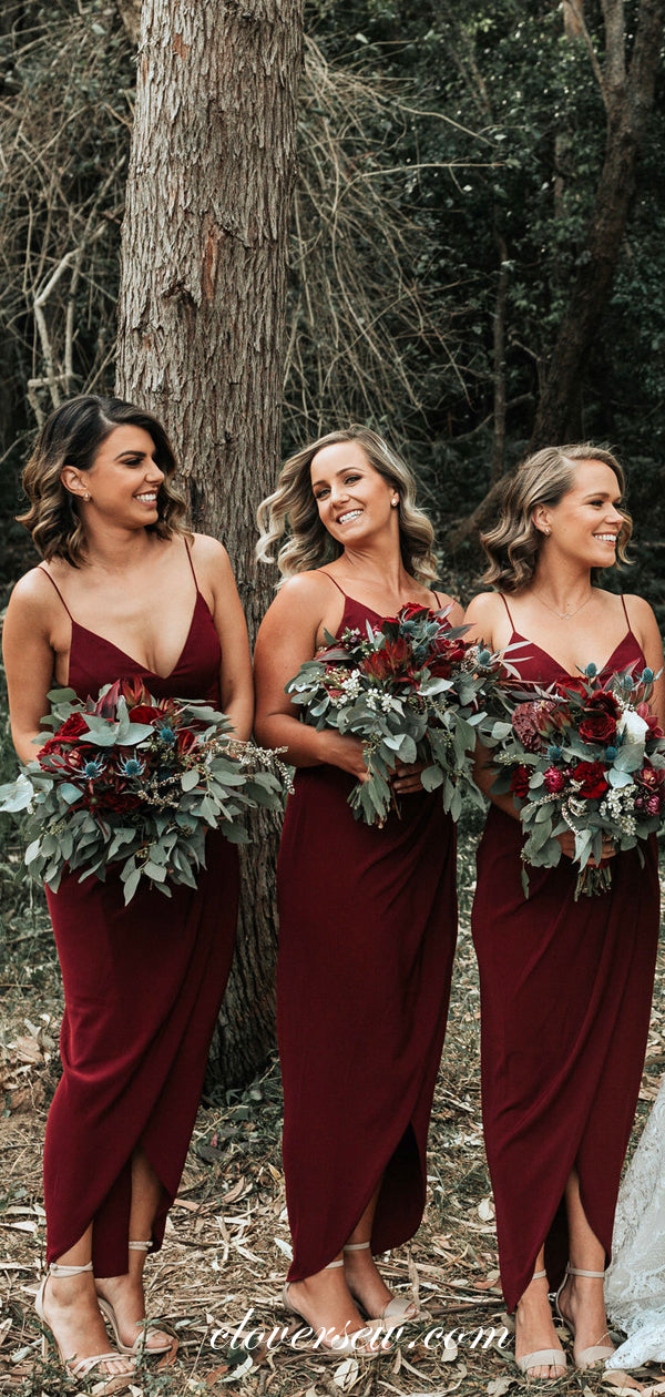 Burgundy Spaghetti Strap V-neck Sheath Long Bridesmaid Dresses, CB0041