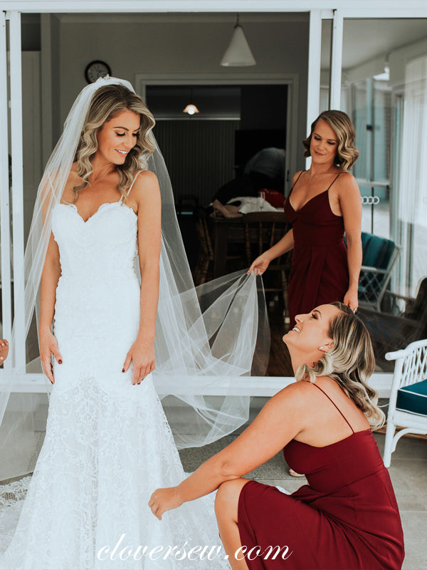 Burgundy Spaghetti Strap V-neck Sheath Long Bridesmaid Dresses, CB0041