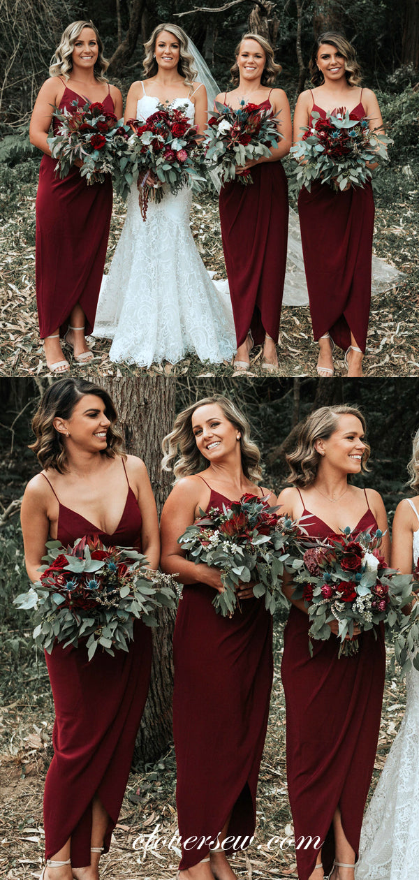 Burgundy Spaghetti Strap V-neck Sheath Long Bridesmaid Dresses, CB0041