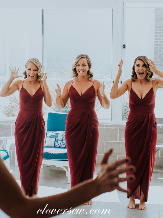 Burgundy Spaghetti Strap V-neck Sheath Long Bridesmaid Dresses, CB0041