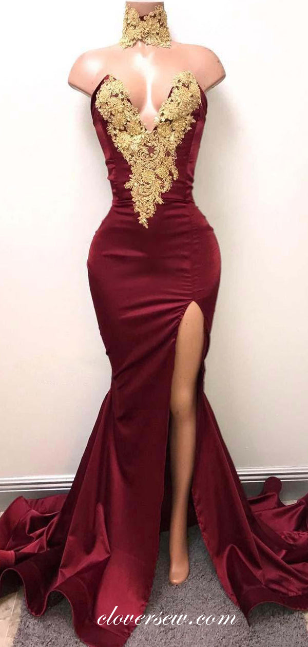 Burgundy Strapless Mermaid Sexy Side Slit Sweep Train Evening Party Dresses, CP0105