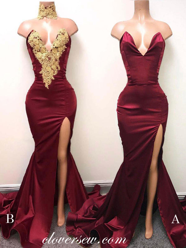 Burgundy Strapless Mermaid Sexy Side Slit Sweep Train Evening Party Dresses, CP0105