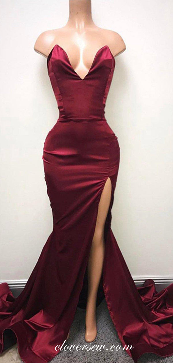 Burgundy Strapless Mermaid Sexy Side Slit Sweep Train Evening Party Dresses, CP0105