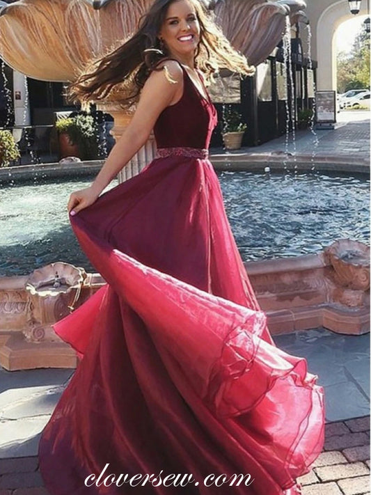 Burgundy Velvet Organza Bead Belt A-line Sleeveless Prom Dresses, CP0476