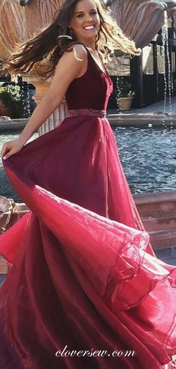 Burgundy Velvet Organza Bead Belt A-line Sleeveless Prom Dresses, CP04 clover sew Burgundy Velvet Organza Bead Belt A-line Sleeveless Prom Dresses, CP04 clover sew