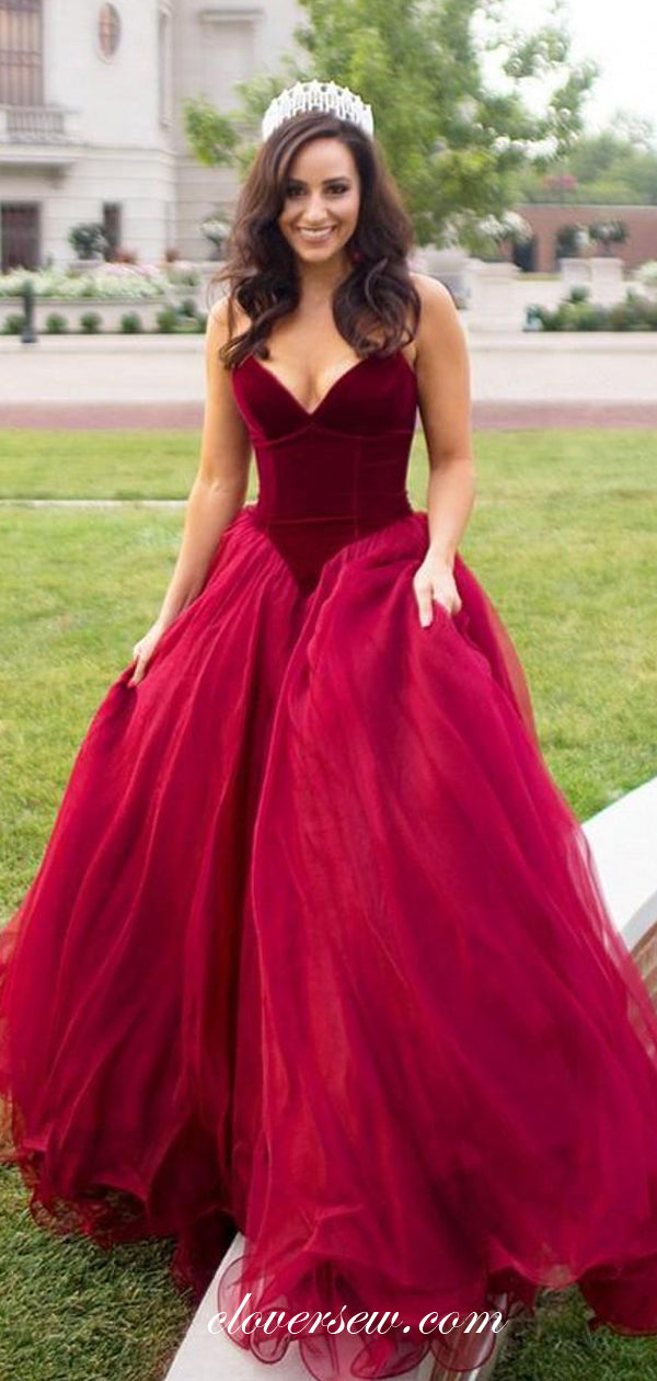 Burgundy Velvet Tulle Strapless A-line With Train Prom Dresses,CP0185 Burgundy Velvet Tulle Strapless A-line With Train Prom Dresses,CP0185