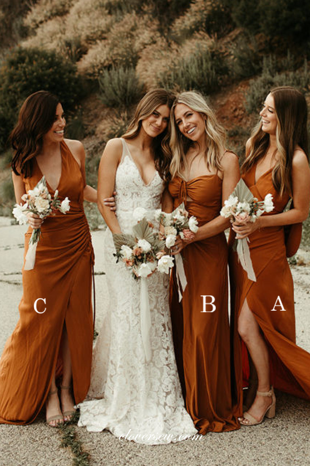 Burnt Orange Chiffon Mismatched Sheath Side Slit Bridesmaid Dresses, CB0228 Burnt Orange Chiffon Mismatched Sheath Side Slit Bridesmaid Dresses, CB0228