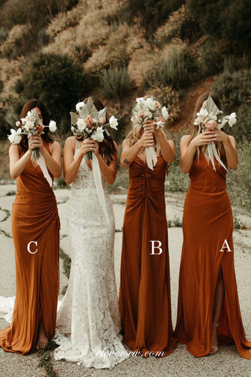 Burnt Orange Chiffon Mismatched Sheath Side Slit Bridesmaid Dresses, CB0228