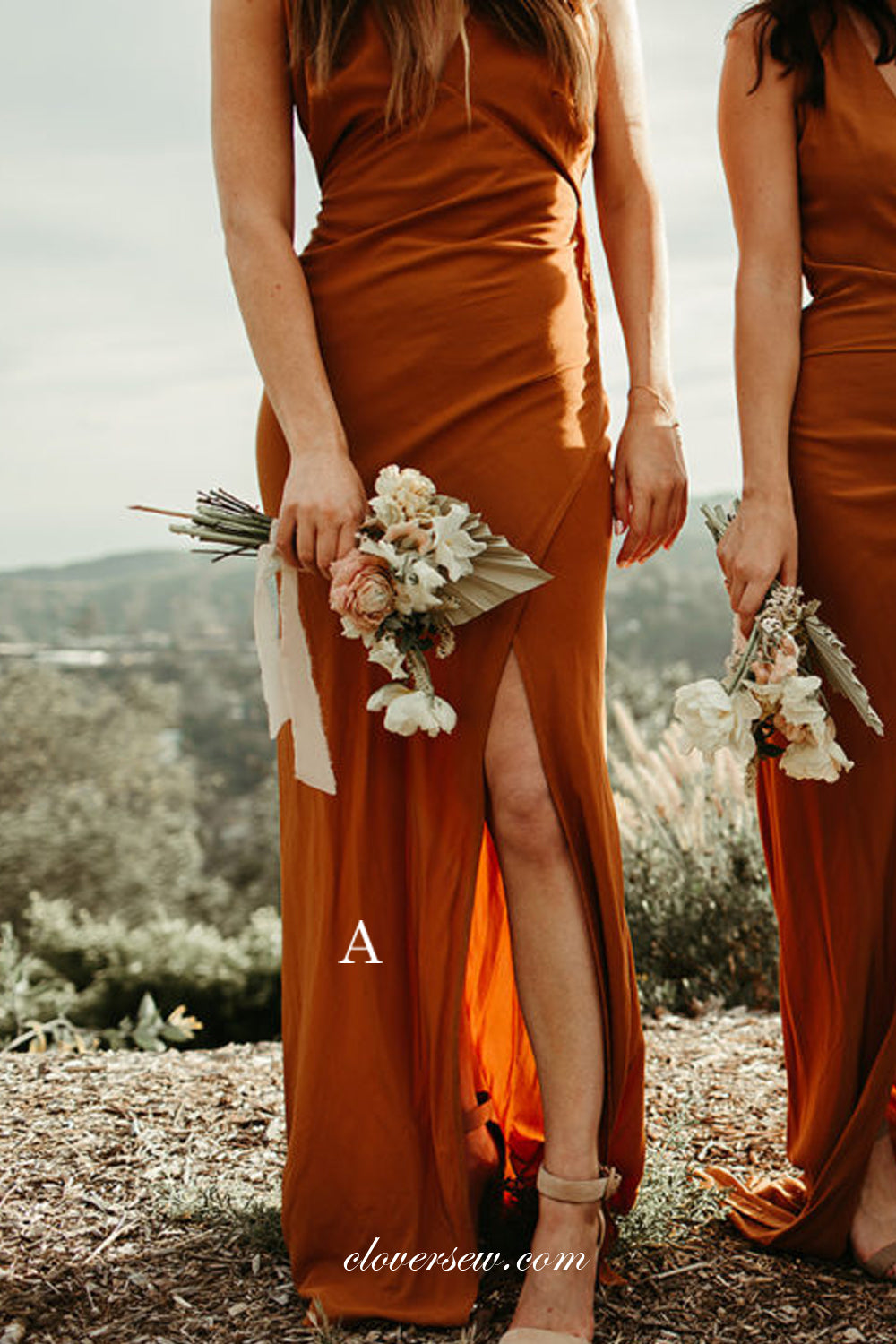 Burnt Orange Chiffon Mismatched Sheath Side Slit Bridesmaid Dresses, CB0228