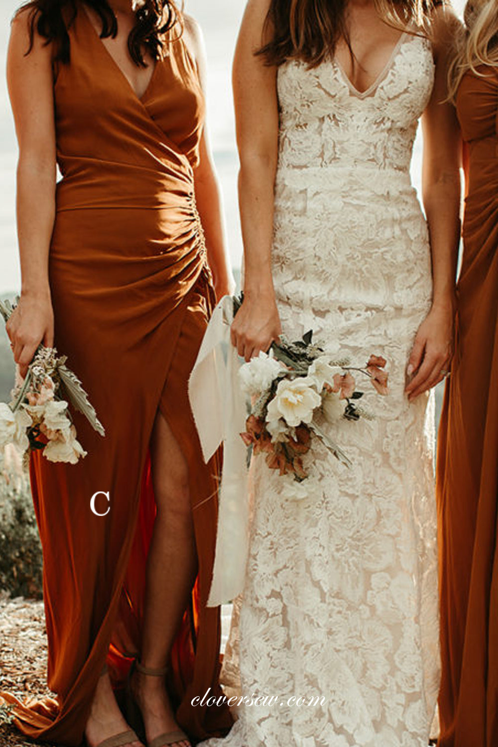 Burnt Orange Chiffon Mismatched Sheath Side Slit Bridesmaid Dresses, CB0228