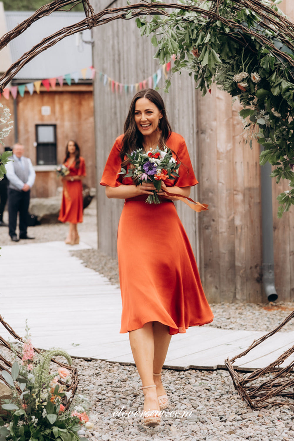 Burnt Orange Half Sleeves V-neck Charming Knee Length Short Bridesmaid Dresses, CB0269