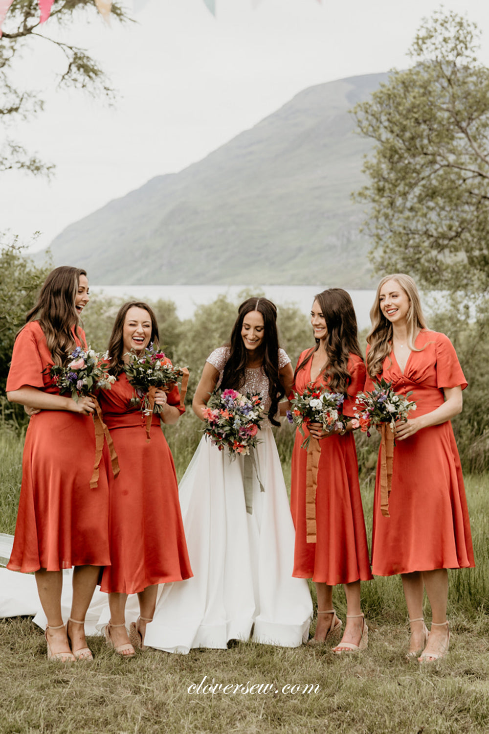 Burnt Orange Half Sleeves V-neck Charming Knee Length Short Bridesmaid Dresses, CB0269