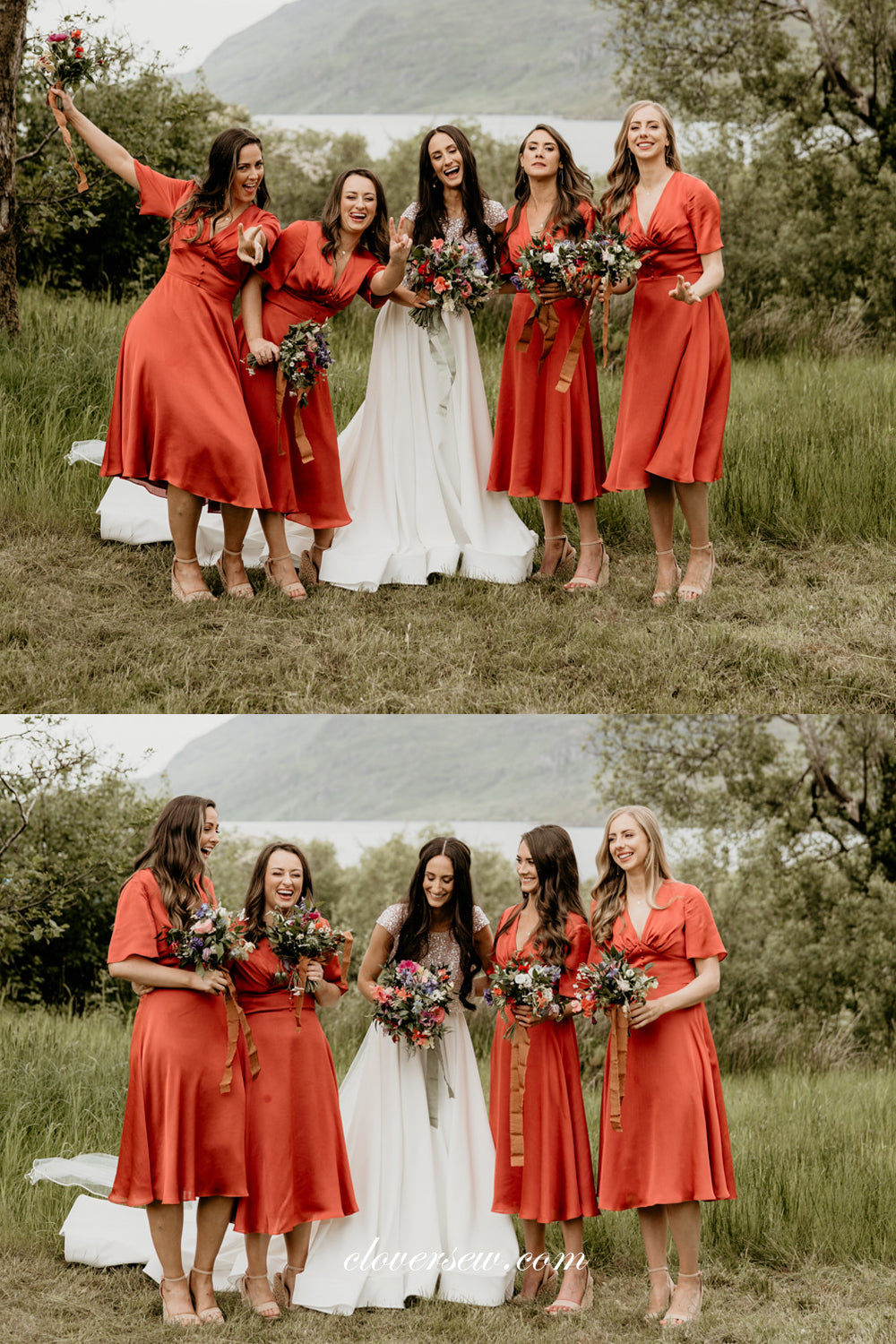 Burnt Orange Half Sleeves V-neck Charming Knee Length Short Bridesmaid Dresses, CB0269