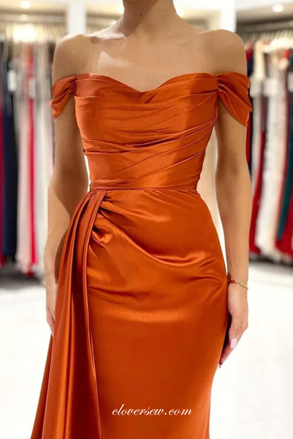 Burnt Orange Satin Off The Shoulder With Sweep Trap Formal Dresses, CP clover sew Burnt Orange Satin Off The Shoulder With Sweep Trap Formal Dresses, CP clover sew